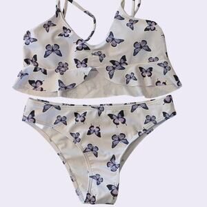 Butterfly Print Bikini Set Girls Size 150 Youth L Y2K Lavender Swim